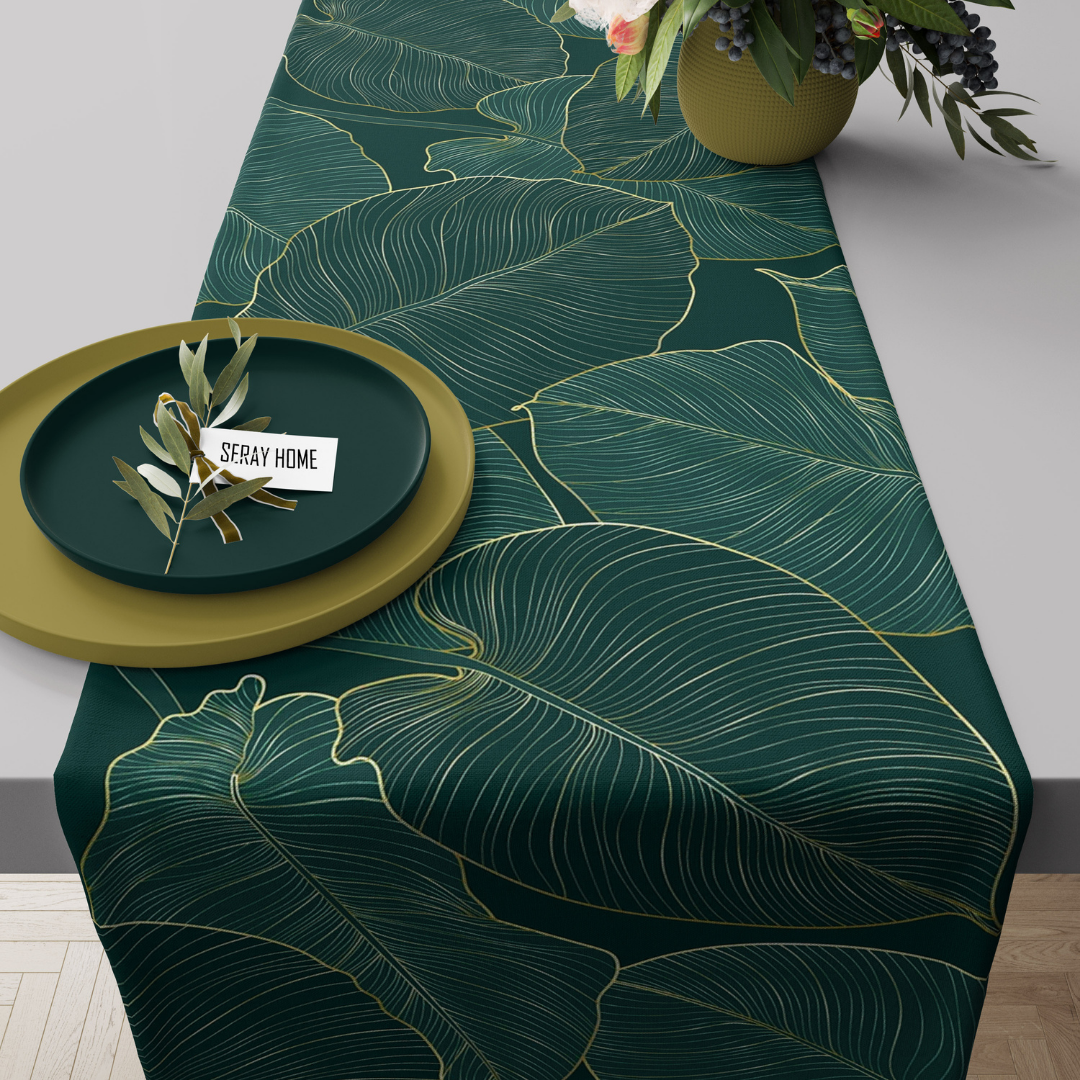 Yeşil Gold Yaprak Desenli Kadife Runner 45x150 cm