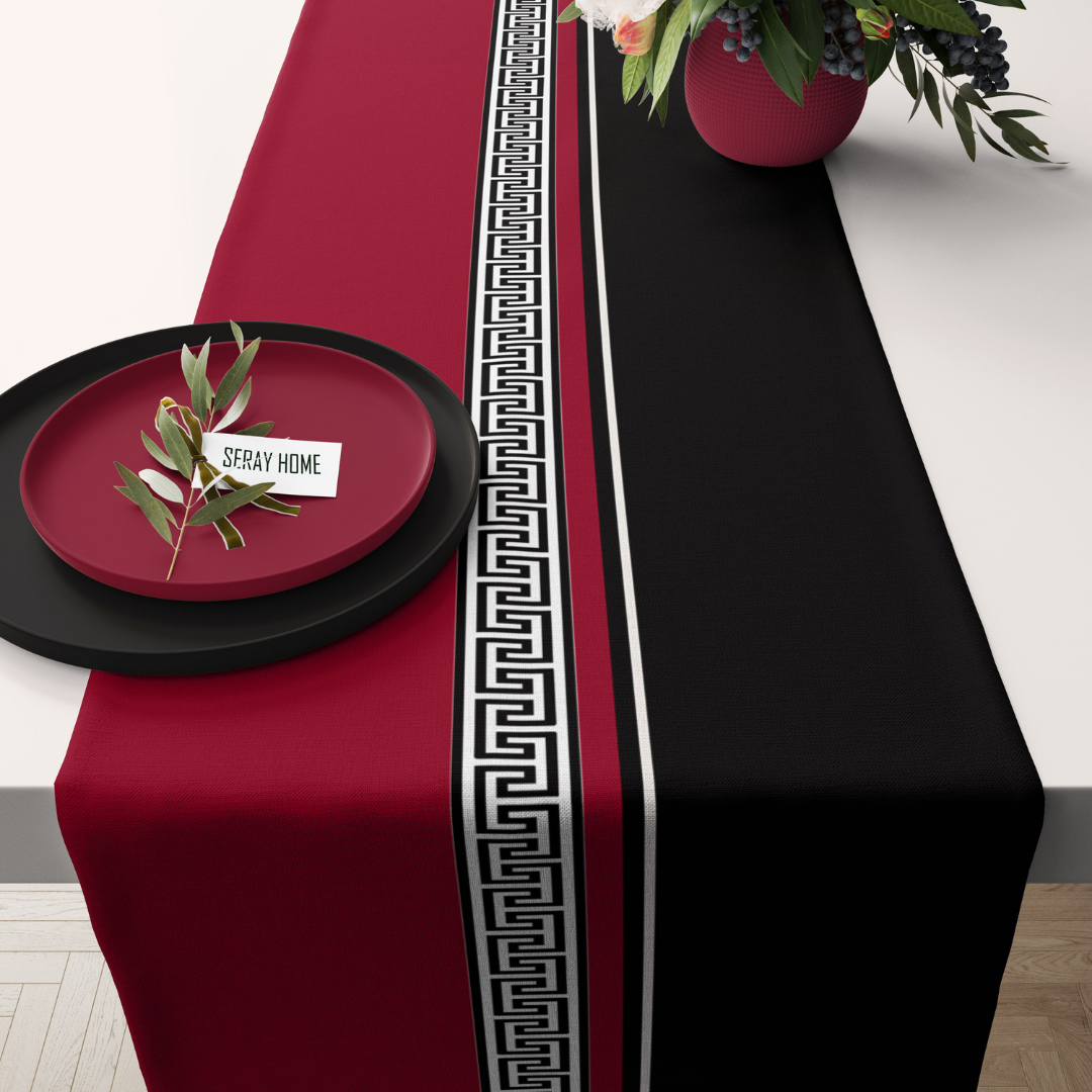 Geometrik Bordürlü Bordo Siyah Kadife Runner 45x150 cm