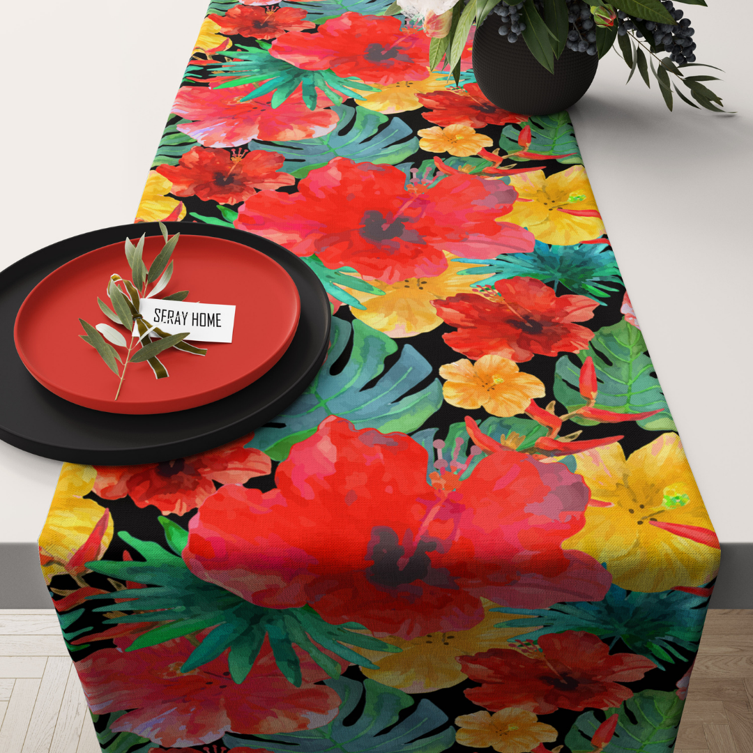 Tropikal Colorful Çiçek Desenli Siyah Kadife Runner 45x150 cm