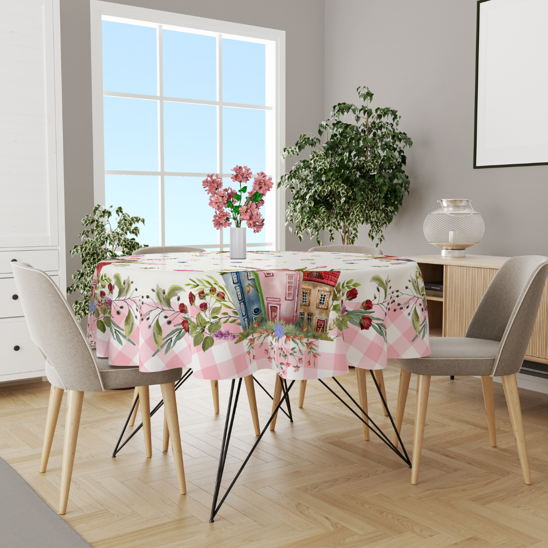 140 cm Pembe Ekose Çiçekli Ev Yuvarlak Masa Örtüsü