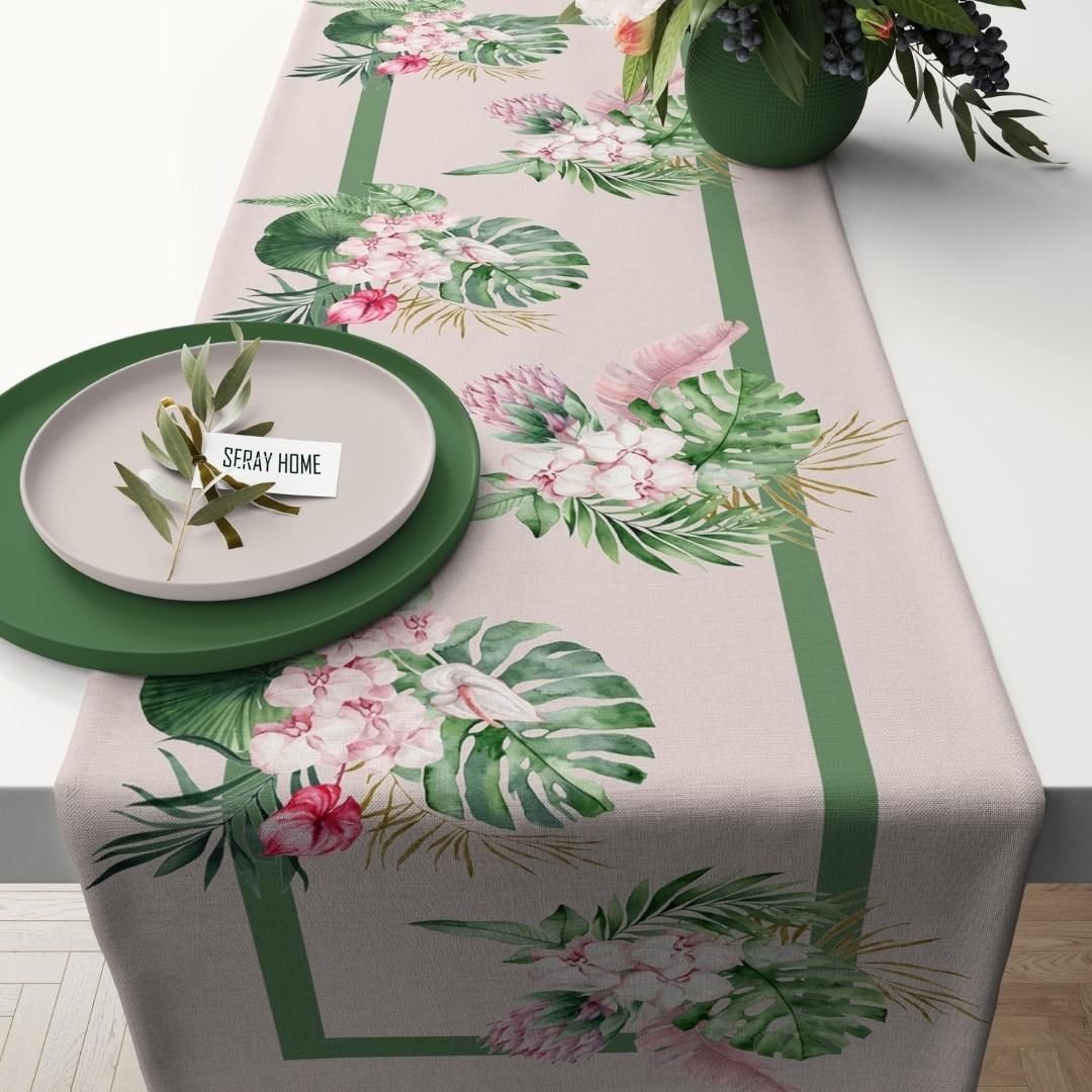 Tropikal Yapraklı Pembe Çiçekli Runner 45x150 cm