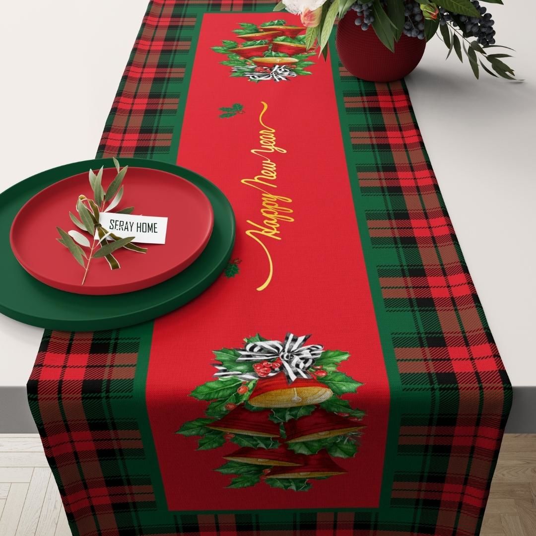 Yılbaşı Christmas Kırmızı Çanlı Ekoseli Runner 43x147 cm