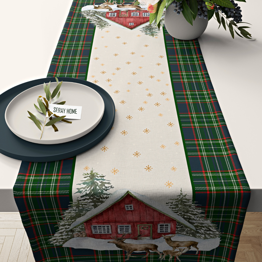 Yılbaşı Christmas Temalı Geyikli Ev Ekoseli Runner Bej 44x150 cm