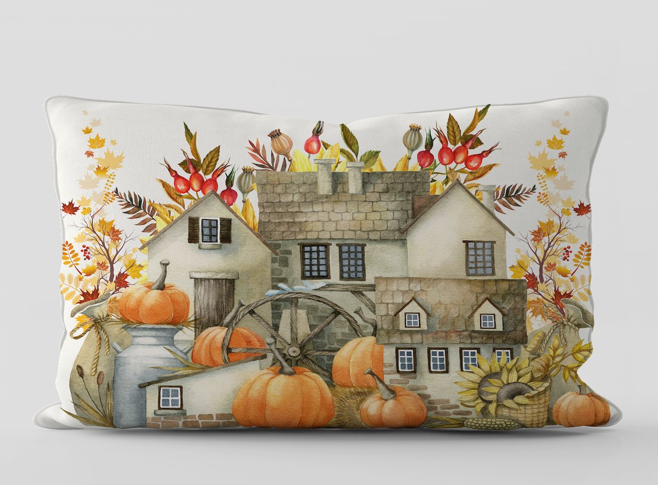 Fall Watercolor Hause Kırlent Kılıfı 30 x 50 cm