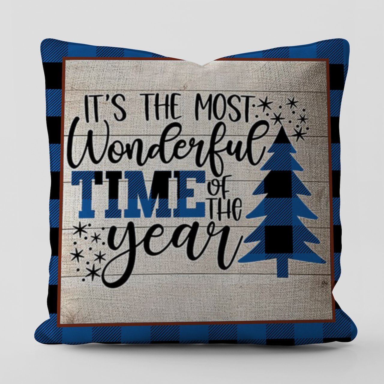 Yılbaşı Christmas Temalı Vintage Mavi Ekose Kırlent Kılıfı