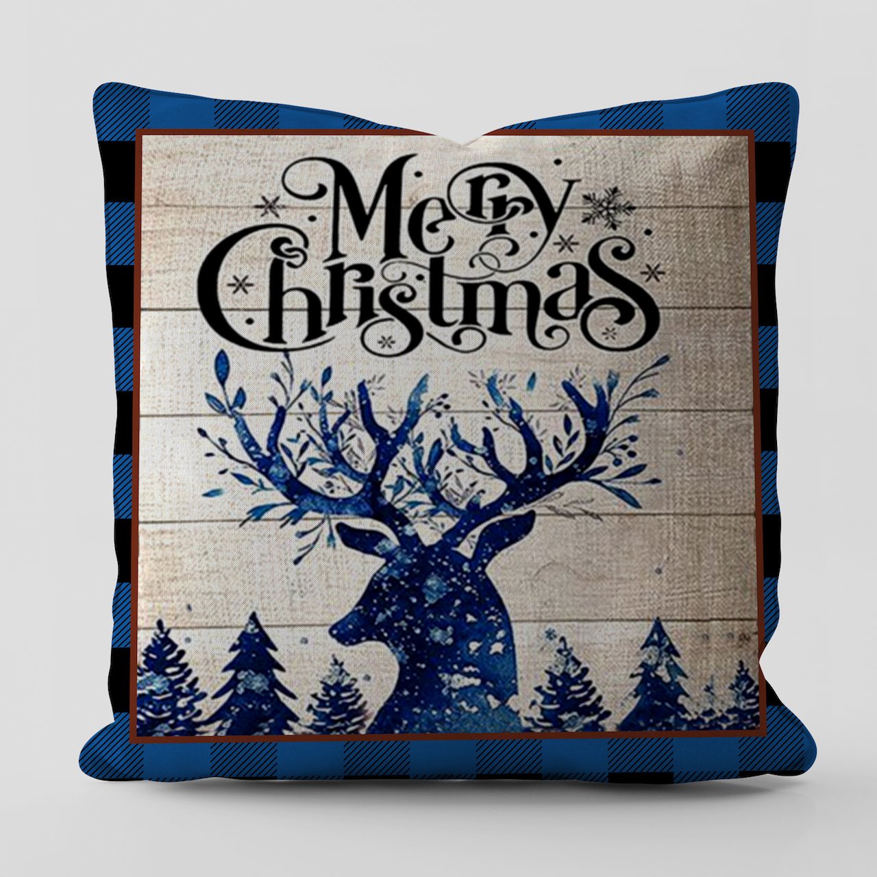 Yılbaşı Christmas Temalı Vintage Mavi Ekose Kırlent Kılıfı
