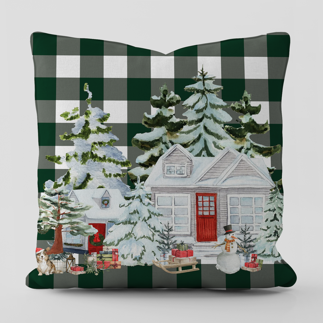 Yılbaşı Winter Yeşil Ekose Kırlent Kılıfı