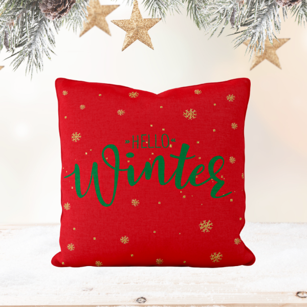 Yılbaşı Kırmızı Hello Winter Çift Tarafı Desenli Kırlent Kılıfı