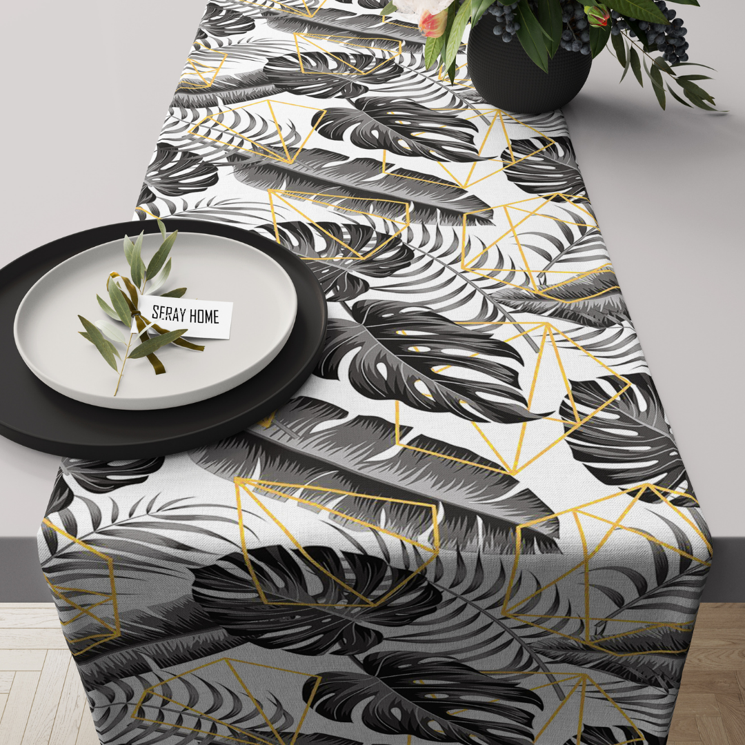 Siyah Beyaz Gold Yaprak Desenli Kadife Runner 45x150 cm