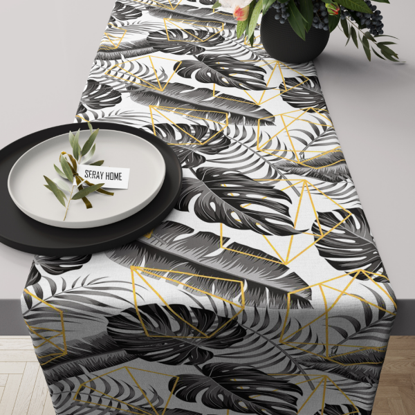 Siyah Beyaz Gold Yaprak Desenli Kadife Runner 45x150 cm