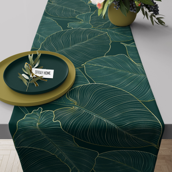 Yeşil Gold Yaprak Desenli Kadife Runner 45x150 cm
