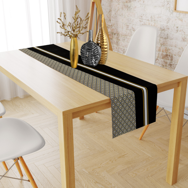 Siyah Gold Geometrik Desenli Kadife Runner 45x150 cm