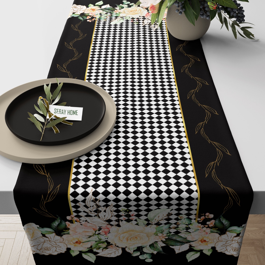 Beyaz Çiçekli Gold Yapraklı Siyah Beyaz Dama Desenli Kadife Runner 45x150 cm