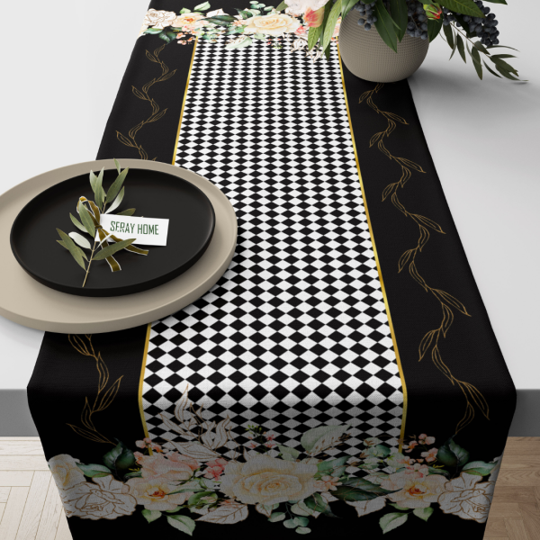 Beyaz Çiçekli Gold Yapraklı Siyah Beyaz Dama Desenli Kadife Runner 45x150 cm