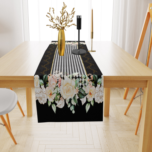 Beyaz Çiçekli Gold Yapraklı Siyah Beyaz Dama Desenli Kadife Runner 45x150 cm