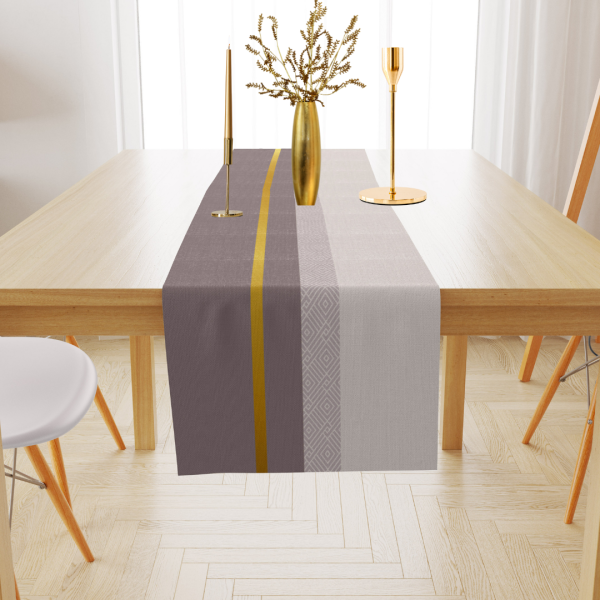 Geometrik Bordürlü Gold Vizon Bej Kadife Runner 45x150 cm