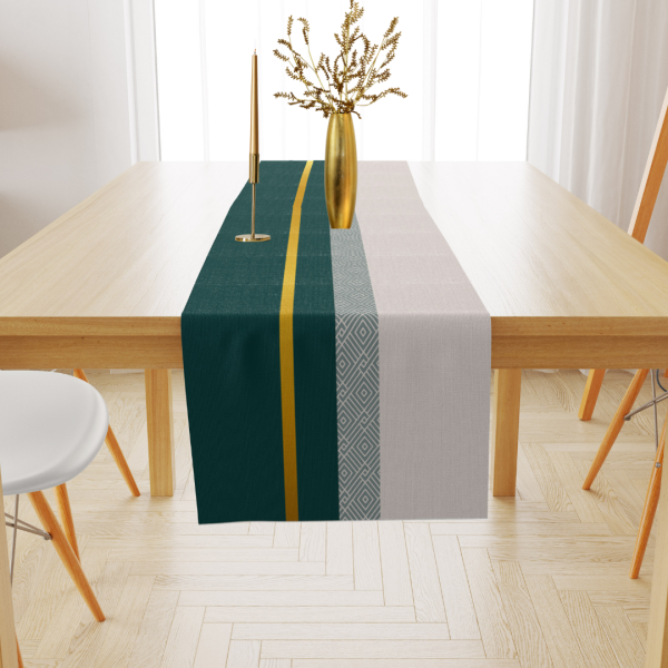 Geometrik Bordürlü Gold Yeşil Bej Kadife Runner 45x150 cm
