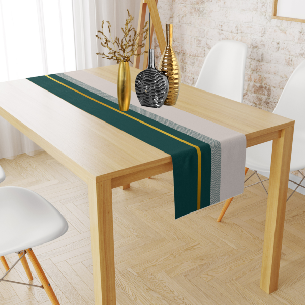 Geometrik Bordürlü Gold Yeşil Bej Kadife Runner 45x150 cm