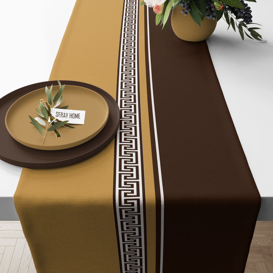 Geometrik Bordürlü Kahve Sarı Kadife Runner 45x150 cm