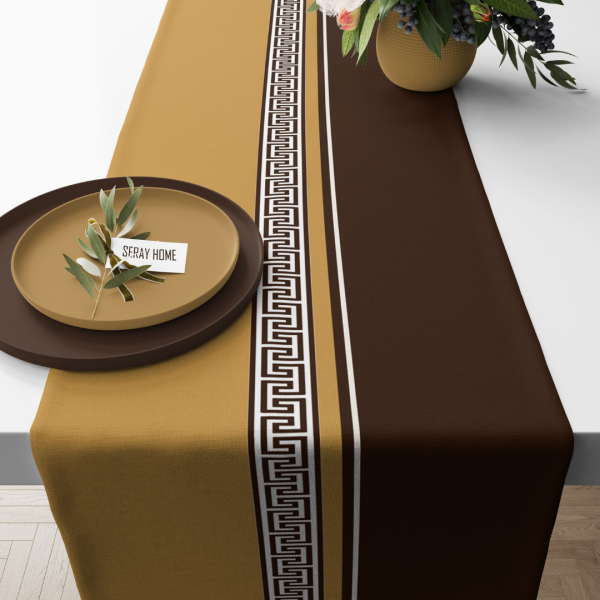 Geometrik Bordürlü Kahve Sarı Kadife Runner 45x150 cm