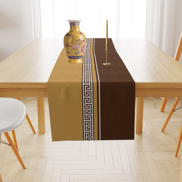 Geometrik Bordürlü Kahve Sarı Kadife Runner 45x150 cm