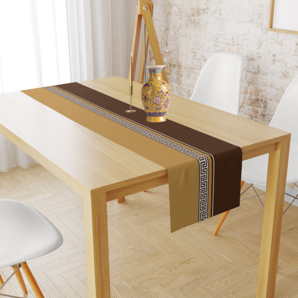 Geometrik Bordürlü Kahve Sarı Kadife Runner 45x150 cm
