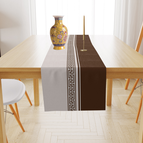 Geometrik Bordürlü Kahve Bej Kadife Runner 45x150 cm