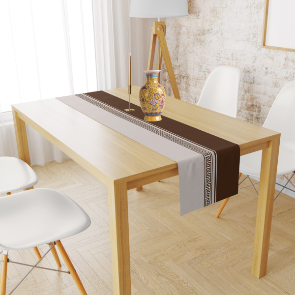 Geometrik Bordürlü Kahve Bej Kadife Runner 45x150 cm
