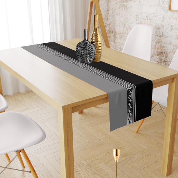 Geometrik Bordürlü Gri Siyah Kadife Runner 45x150 cm