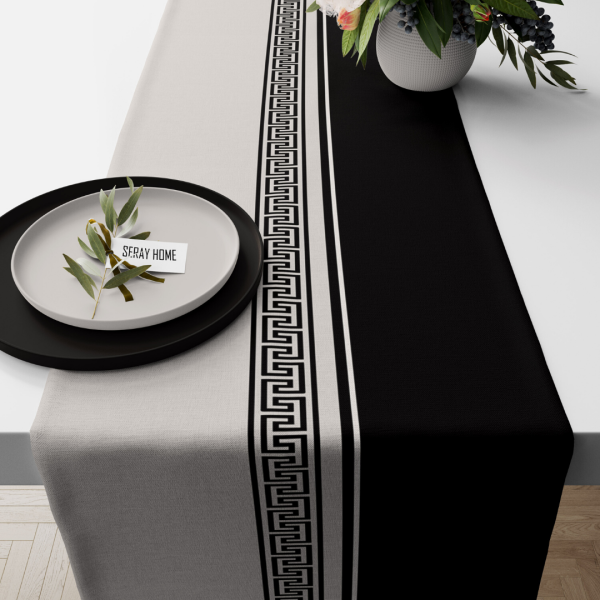 Geometrik Bordürlü Siyah Bej Kadife Runner 45x150 cm