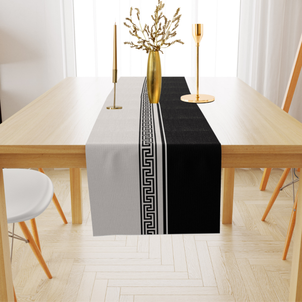 Geometrik Bordürlü Siyah Bej Kadife Runner 45x150 cm