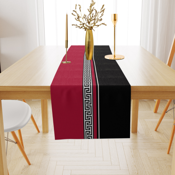 Geometrik Bordürlü Bordo Siyah Kadife Runner 45x150 cm
