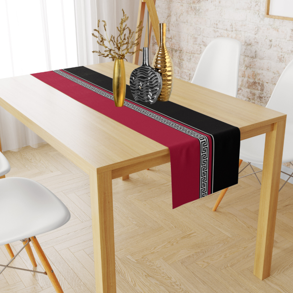 Geometrik Bordürlü Bordo Siyah Kadife Runner 45x150 cm