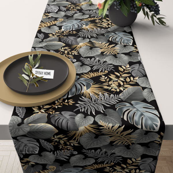 Siyah Gri Gold Yaprak Desenli Kadife Runner 45x150 cm