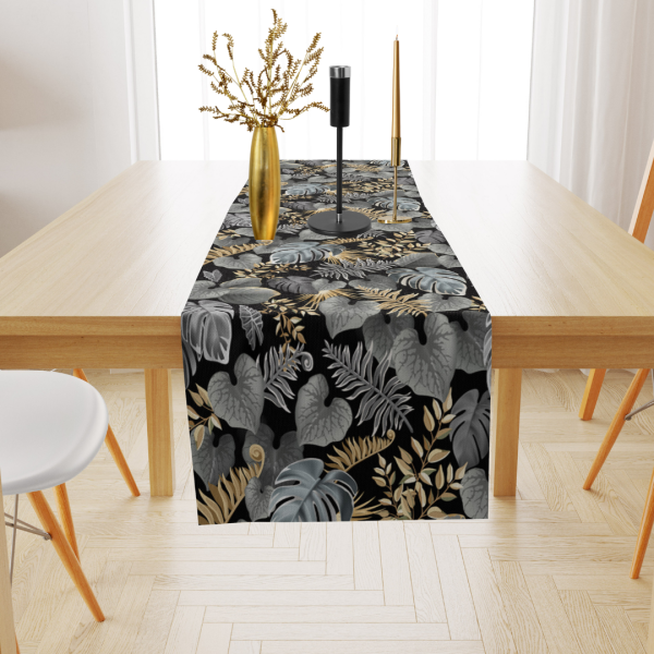 Siyah Gri Gold Yaprak Desenli Kadife Runner 45x150 cm
