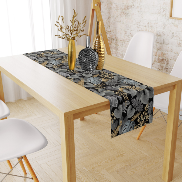 Siyah Gri Gold Yaprak Desenli Kadife Runner 45x150 cm