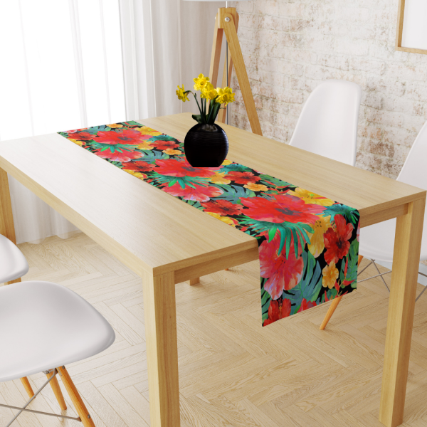 Tropikal Colorful Çiçek Desenli Siyah Kadife Runner 45x150 cm