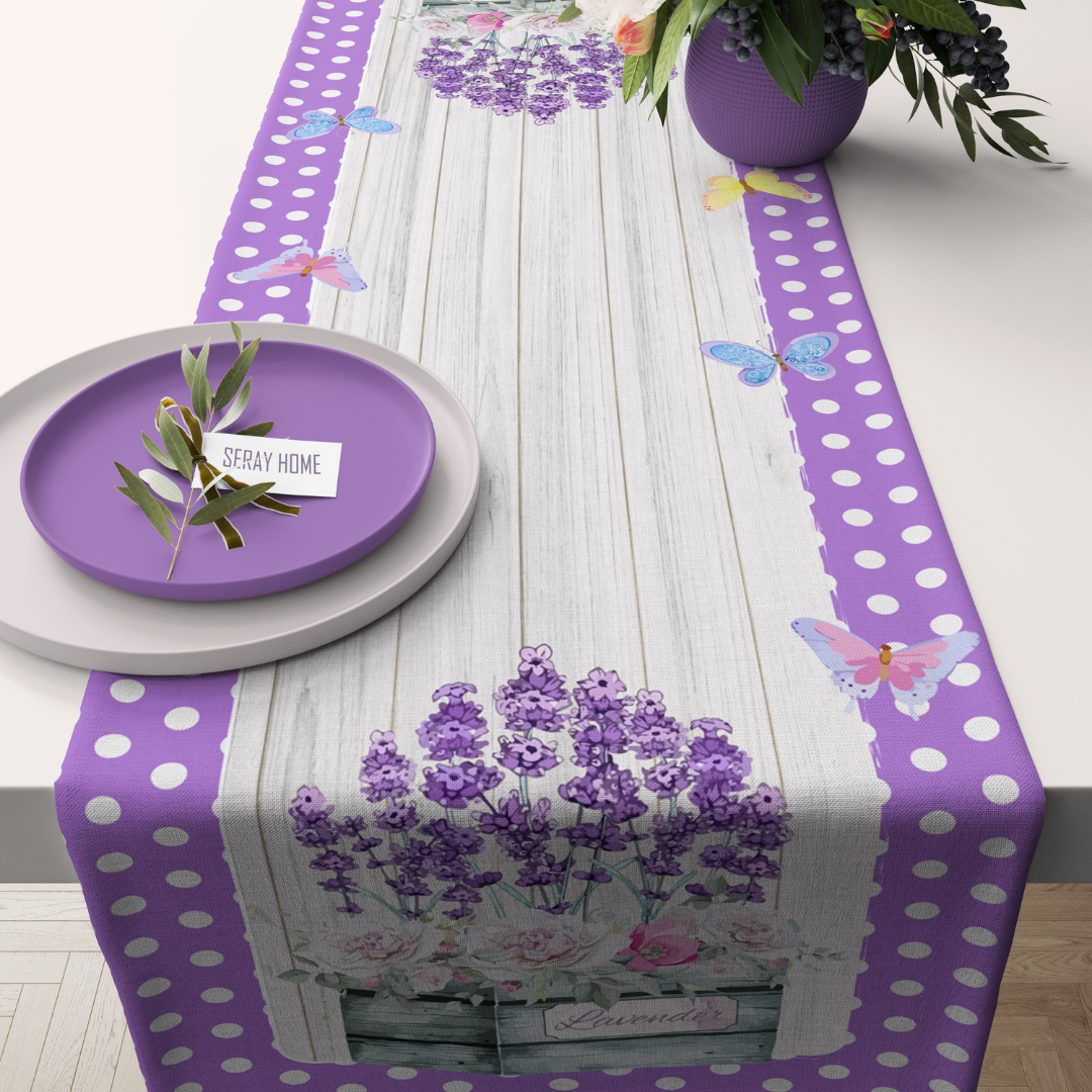 Lavanta Çiçekli Lila Puantiye  Runner 43x150 cm