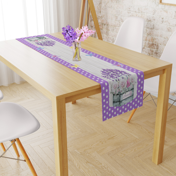 Lavanta Çiçekli Lila Puantiye  Runner 43x150 cm