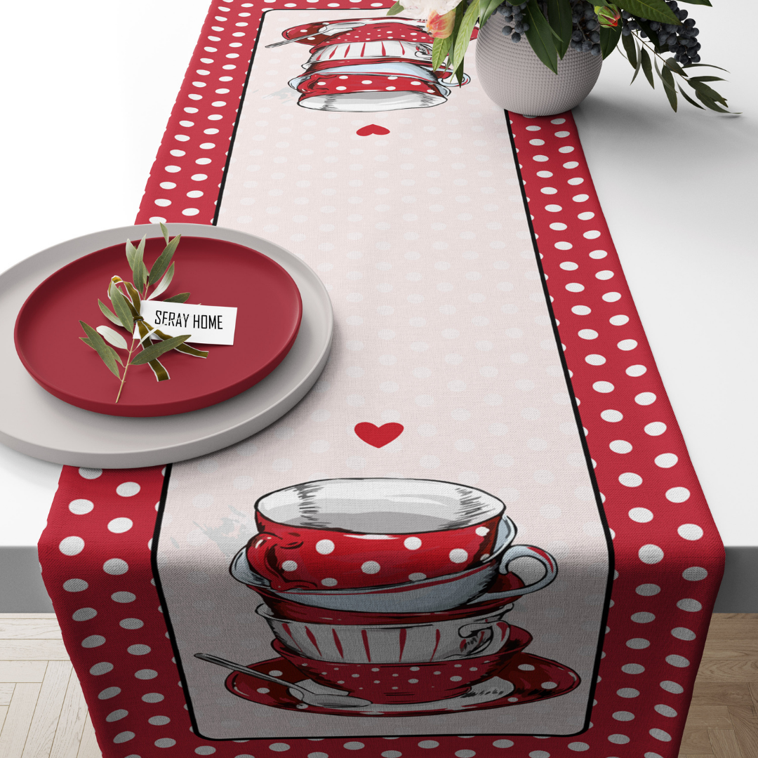 Kırmızı Puantiye Fincanlı Runner 43x150 cm