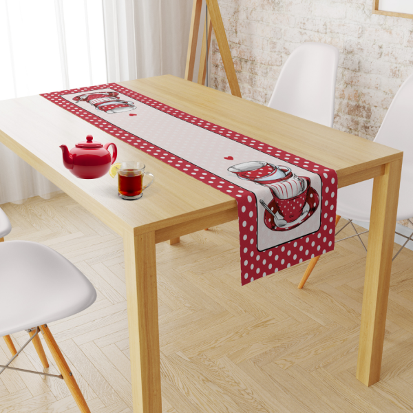 Kırmızı Puantiye Fincanlı Runner 43x150 cm