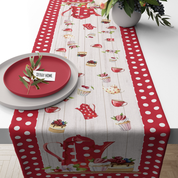 Kırmızı Puantiye Tatlı Kahvaltı Neşeli Runner 43x150 cm