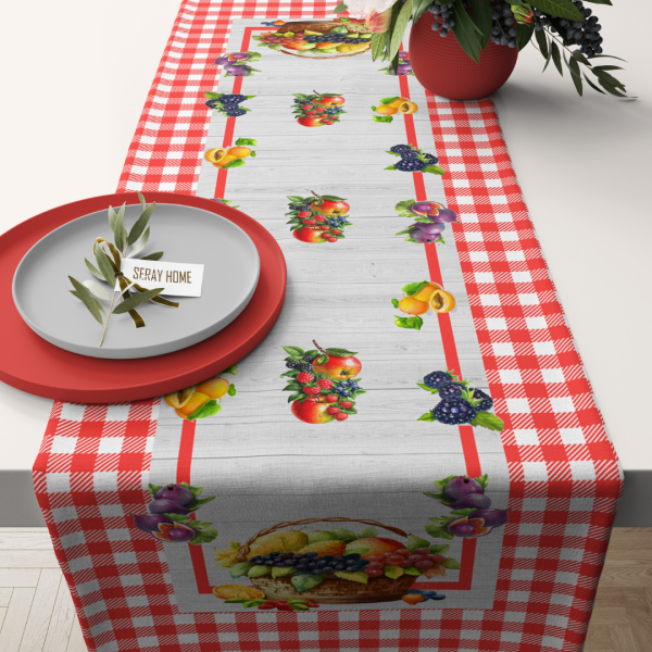 Meyveli Nar Çiçeği Ekoseli Runner 40x140 cm