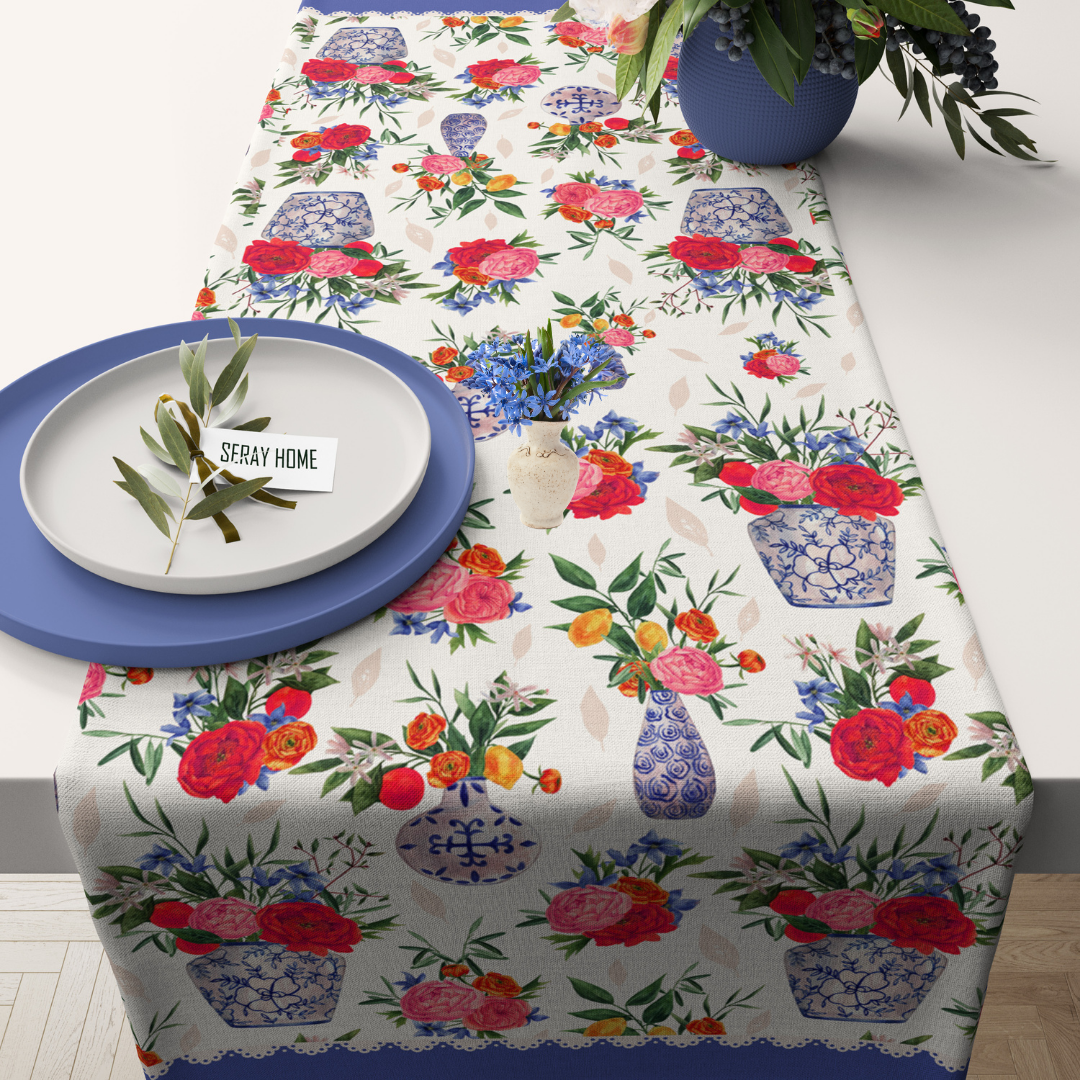 Pembe Çiçekli Vazo Mavi Runner 40x140 cm