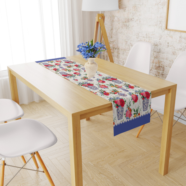 Pembe Çiçekli Vazo Mavi Runner 40x140 cm