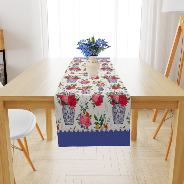 Pembe Çiçekli Vazo Mavi Runner 40x140 cm