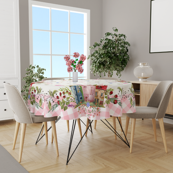 140 cm Pembe Ekose Çiçekli Ev Yuvarlak  Masa Örtüsü