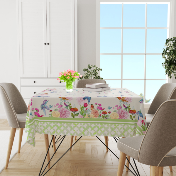 140x140 cm Yeşil Bordürlü Yaz Çiçekleri Kuşlu Krem Zeminli Kare Masa Örtüsü