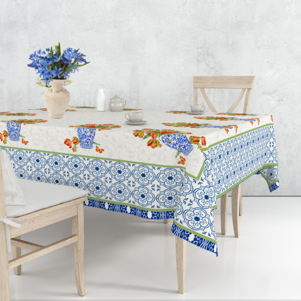 140 x 140 cm Turuncu Çiçekli Seramik Bordürlü  Kare Masa Örtüsü