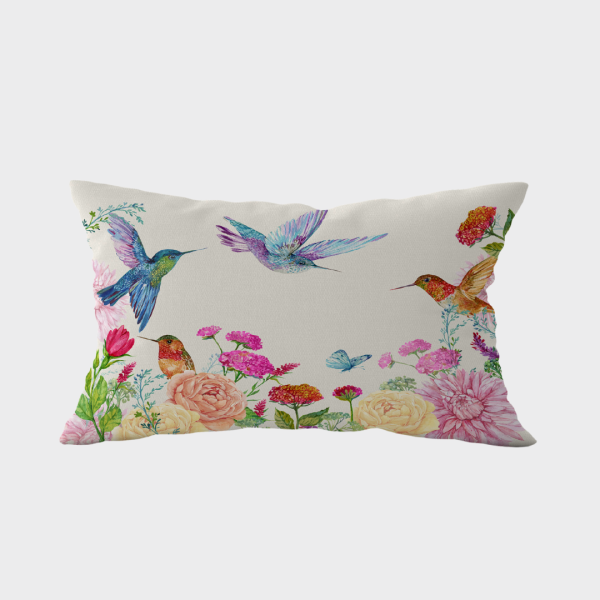 Kuşlu Yaz Çiçekleri 30x50 cm Çift Tarafı Desenli Kırlent Kılıfı